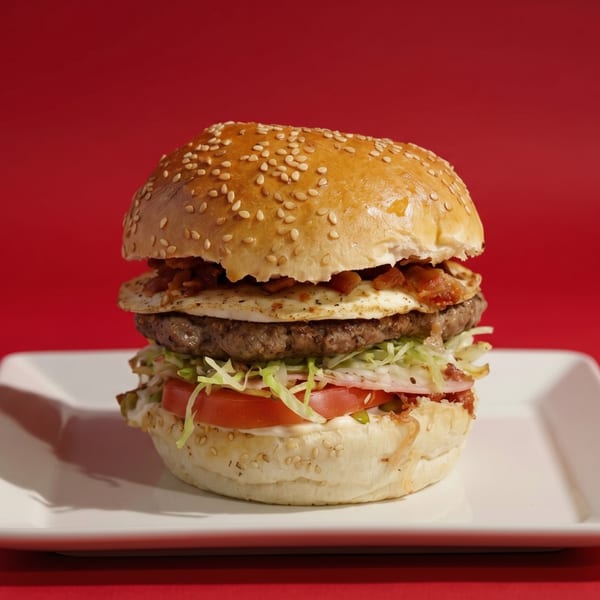 A tall burger with a fried egg, bacon, lettuce, tomato, and onion on a white plate.