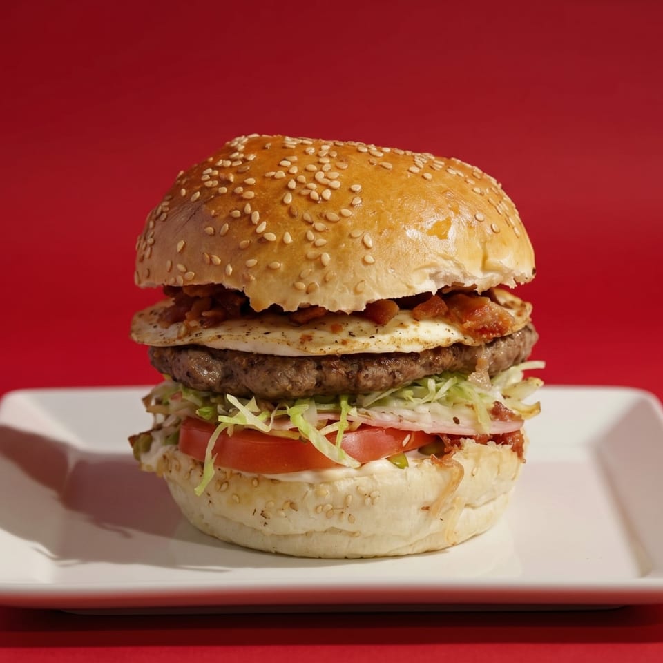 A tall burger with a fried egg, bacon, lettuce, tomato, and onion on a white plate.