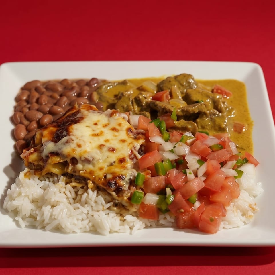 A white plate with rice, beans, cheesy enchilada, beef stew, and pico de gallo.