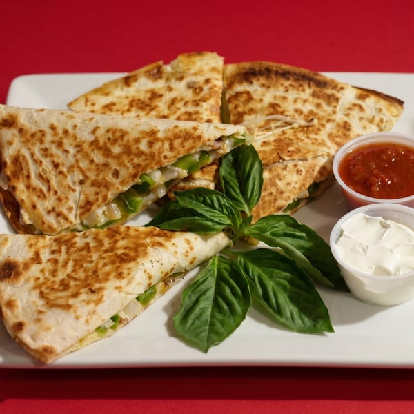 Golden-brown quesadillas filled with cheese, onions, and green peppers, served with salsa and sour cream.