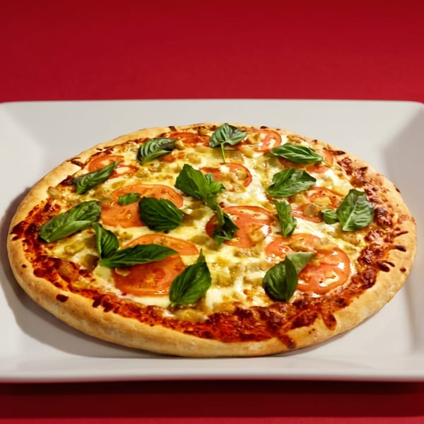 A freshly baked pizza with sliced tomatoes, melted cheese, and basil leaves on a white plate.