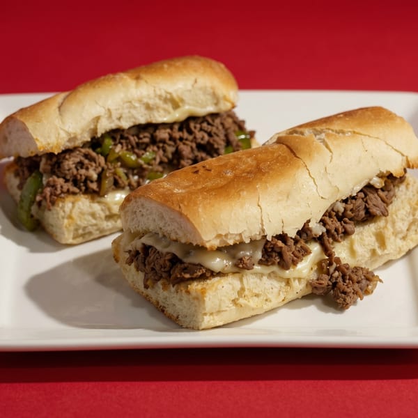 Two delicious cheesesteak sandwiches with melted cheese, steak, and green peppers on a white plate.