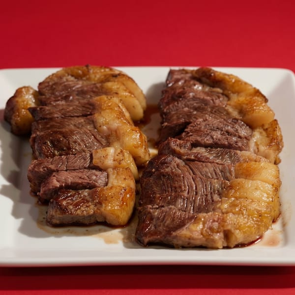 Two rows of sliced picanha steak with crispy fat on a white plate against a red background.
