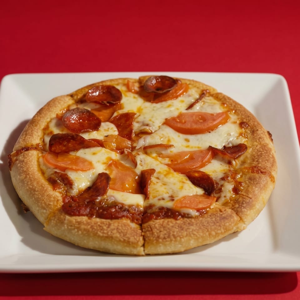 A small pepperoni and tomato pizza on a white rectangular plate against a red background.