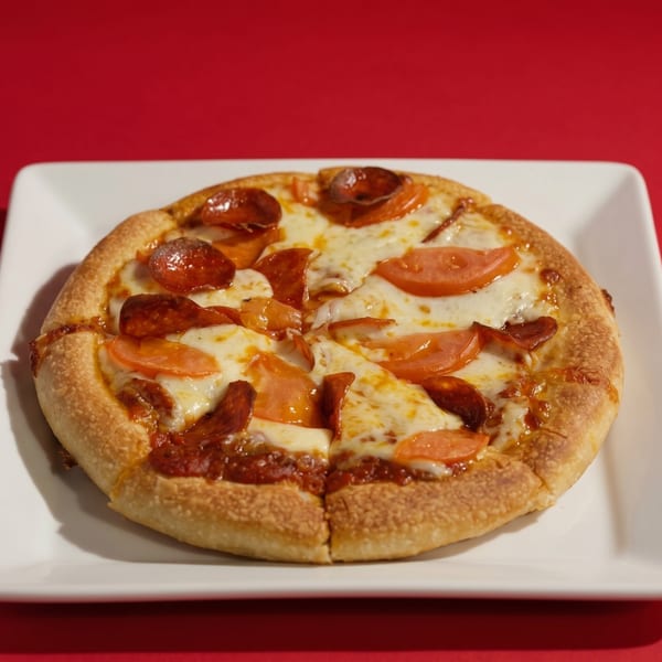 A small, round pizza with pepperoni, sliced tomatoes, and melted cheese on a white plate.